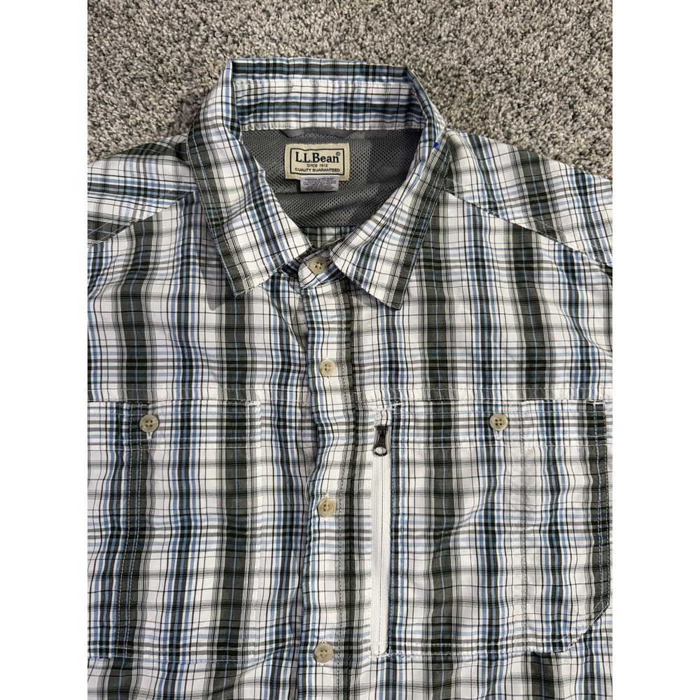 L.L.Bean Shirt Mens Large Plaid Short Sleeve‎ Fishing Vented Mesh Fish Print